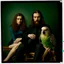 Placeholder: Awkward portrait Photo with a man and a woman, 30 years old sitting on chair, serious look, long 1960 hair and mustasch, polaroid camera style, holding small budgies