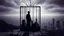 Placeholder: inner in an cube like cage stands a human figure and gaze city, , in outside around in the distance big landscape with big city and many fade human figures in the city, dark purple, gray, black, white, brown. Whimsical style and surreal vibe, lonely with neuron network background, surreal stunning vibe
