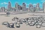 Placeholder: Sunny day, people, rocks, sand, distant modern city, stencil painting