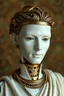 Placeholder: an automaton, a mechanical man, made of ivory porcelain skin, with bronze gold trims, doll-like features, dressed in classical greek clothes, empty eyes and unexpressive face