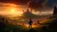 Placeholder: High quality wide shot of Super Mario on a hill overlooking a field, fantasy, epic, battle, army, fire, ruins, dragon, demons, buff, backshot, fog, sunset