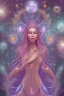 Placeholder: Create an image of a full body cosmic Goddess. The goddess should be depicted as a beautiful and powerful figure, surrounded by cosmic stars. Her hair should be long, blond and flowing, and she should be dressed in a flowing gown blue celestial robe. In the background, include imagery of pink flowers, blue sky,trees. The image should evoke a sense of joy, celebration, and spiritual connection to nature.