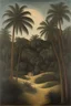 Placeholder: A dark gold mine oasis near a field of palm trees painted by Henri Rousseau