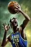 Placeholder: 13k, highly realistic and detailed image of a zombie as a NBA basketball player in action dunking the ball in the net, sweaty hair, screaming look,action and explosive background