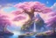 Placeholder: a pink tree in the style of A Silent Voice with futuristic crystal castle in the countryside, starship, green plants, flowers, wisteria, big trees blue sky, pink, blue, yellow soft lights, waterfall with beautiful fairies with long hair and transparent wings, swans swimming in the lake