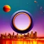Placeholder: circular picture frame, scene of galaxy and waves, bottom half underwater, top half out of water, showing the sky and city skyline with a large bridge, planets, the great unknown, bridge, friendship and cooperation, light blue tones with purple and orange
