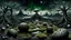 Placeholder: surreal dreamlike scene, nightmare on eart and in sky, midnight in the garden of death, some small black prickly balls on the earth and on sky, mystic gloomy, surreal dark shadows and pale light, stones, cracked eart, dark winter-like vibe, dark weird shapes floatings ,come strom , dark green moss, weird tall dark musroom, bats on sky, branch on eart,deep dark colors, dark twisting tendrils around big clock ,Clock Midnight, wind, fog, detailed, cinematic, Unity R