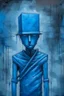 Placeholder: A strange and gloomy stick man with a blue plastic bag on his head. Surrealism, figurative painting with elements of the Bauhaus style. Intense textures.