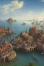 Placeholder: medieval fishing town, rocks, long piers, fishing boats, shops, blue sky