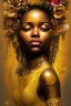 Placeholder: an abstract painting of gold metal and flowers, gold shinny African young girl filled with tears flowing down, rust, scaffolding, iron cladding, decay, mixed media, textured, anatomically correct, beautiful perfect face, sharp focus, highly detailed