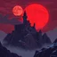 Placeholder: 8 bit pixelart a towering castle perched atop windswept cliffs, its jagged stone figure bathed in the cinematic crimson glow of a giant, imposing red harvest moon, red sky