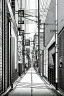 Placeholder: Tokyo alley, line arts, greyscale