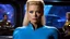 Placeholder: [Star Trek] Seven of Nine's gaze is intense, she sits on the bar n front of a Saurian brandy. she wears seven of nine iconic tight light blue outfit.