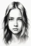 Placeholder: A realistic drawing in negative space black ink on white background of a beautiful front view of a young girl with clear white face, all picture is bright white. With long hair