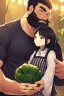 Placeholder: man with beard, handsome and happy, holding a Beautiful woman with black hair. Romantic and in love