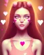 Placeholder: girl, happy, closed mouth smile, surrounded by hearts, brown hair, long hair, brown eyes, close up portrait, pink top