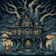 Placeholder: a cartoon like haunted house, creepy trees with cartoon vampire, mummy, witch ultra sharp, 8 k, illustration, highly detailed, smooth and clean vector, no jagged lines, vector art