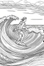 Placeholder: Outline art for coloring page OF A SURFER IN SHORTS RIDING A WAVE IN HAWAII LOOKING AWAY FROM US, coloring page, white background, Sketch style, only use outline, clean line art, white background, no shadows, no shading, no color, clear