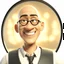 Placeholder: a portrait of smiling man. caricature. black rare hair. light brown skin. black eye pupils. circle eyeglasses, thin gold frame. rectangle face shape. white shirt with black vest. pixar style. 3D. 4k. portrait. highly detailed. sharp focus. high resolution. full color. cinema lighting