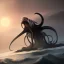 Placeholder: franz frazetta style, kraken on the sea, sunrise, open seas, primordial