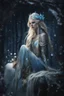 Placeholder: Elven princess,elven crown,long blonde golden hair,rapunzel hair,ice flowers,beautiful,light blue,dark blue,golden armor,sparkle,glitter,ice flowers,snow,elven ears,dark fairy princess