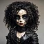 Placeholder: full color, illustration of a dark, menacing, curly haired, black leather clad motorcycle girl, tall and willowy , as a decayed, broken, crude homemade cloth doll toy, with a cracked porcelain face, thick dark eyebrows, hair made from ragged strips of cloth, in the style of Nadya Sheremet