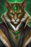 Placeholder: Male khajiit with grey fur and Hazel eyes wearing a emerald green robes in a fantasy setting, sorcerer of life