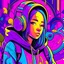 Placeholder: masterpiece, intricate details, a wide angle 2D anime bold line flat colour illustration of a cheerful girl in a high purple hoodie and headphone in hip hop style, dopamine style, overlaying mixed patterns of pop art text and emoji device installations, sharp focus, charming character illustration, beautiful vibrant kuler palette gradient