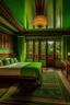 Placeholder: a hotel room with a green theme with Bhutanese architecture and two single beds. show the whole room layout