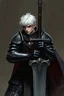 Placeholder: Short white hair, human, clad in heavy black armour holding sword