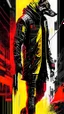 Placeholder: Dogman cyberpunk, lineal arte, intrincado, incredible work of art, black, White, red and yellow colors, full body