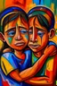 Placeholder: a girl hug her brother and both crying sadly, expressionism, Pixar style, in abstract art Basquiat, Picasso, Miro, Kandinsky, Klee, Birell, Fairey, Ardon, Buffet aand Picasso style, HD --s 750 --v 5.1 --style raw, water color