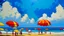 Placeholder: Impressionist painting of a beach with figures under vibrant red and yellow umbrellas, under a blue sky and white clouds.