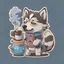 Placeholder: Make it as a sticker. Cute husky puppy barista. Holding a steaming mokka pot in paw. 4 paws. comic art.