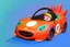 Placeholder: whimsical cartoony sports car, with a small mascot character with a racing helmet on driving it, celshaded comic style, happy atmosphere