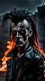 Placeholder: Scary old punk with black sloppy long hair and in a black leather jacket with creepy makeup on his face in the middle of a gloomy environment at night against the backdrop of fire