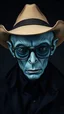 Placeholder: A man in black with a cowboy hat and dark eyeglasses a body shot of a super blue skin alien, full head, old, looking at the camera, super big head, super big black eyes, small mouth, no ears, total black skin. photo real, hyperrealistic, high dynamic range, rich colors, lifelike textures, 8K UHD, high color depth. neutral dark background.