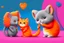 Placeholder: a fluffy orange kitten makes friends with a cute gray mouse on Valentine's day, happy vibe studio lighting fantastic view colourful very cute Lisa Frank richard scarry