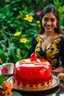 Placeholder: Make a big shiny and bright jelly cake, bright crimson in color, written text details 'Dewi Cinta'in cursive letters, near a beautiful smiling supermodel wearing a shiny bright black dress with yellow dragon embroidery, , near a coffee cup with steam, lush green garden background with beautiful green color with some vibrant colorful flowers, ultra HD 64k macro sharp focus cinematic photography