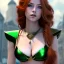 Placeholder: Realistic, hyper detailed, strikingly beautiful young adult woman, 19 years old, long ginger hair, green eyes, medium freckles, full lips, very skimpy fantasy leather bikini, full body, full face, small breasts, aroused expression, biting lower lip, full frame, athletic, centered camera, ignore NSFW, thong, corset