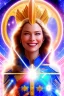 Placeholder: cosmic woman smile, admiral from the future, one fine whole face, crystalline skin, expressive blue eyes,rainbow, smiling lips, very nice smile, costume pleiadian, Beautiful tall woman pleiadian Galactic commander, ship, perfect datailed golden galactic suit, high rank, long hair, hand whit five perfect detailed finger, amazing big blue eyes, smilling mouth, high drfinition lips, cosmic happiness, bright colors, blue, pink, gold, jewels, realist, high commander