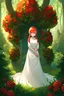 Placeholder: Young Elf, Cute Girl, Orange Red Hair, Dark Aqua Eyes, Simple White Dress, Blooming Flowers, Pine Forest, Deep Color, Intricate, Natural Lighting, Beautiful Composition