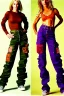 Placeholder: year 1997 denim fashion, "combat pants", cargo, Loose fit, low waist, baggy. Colors: denim blue, blue, purple, khaki, light green, lilac, plum, orange, terracotta, red, pink, dark blue, beige. Patterns: cheetah, balls, stripes. Women models. Sharon Stone, Sandra Bullock, Winona Ryder, Milla Jovovich, Big tennis shoes on. Latex in small part, areas, clothes..Combat pants. Leg warmers.