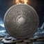 Placeholder: a silver coin called a moon standing on edge. a silver moon in the middle. ancient viking runes. flat coin. show one whole coin front on at a distance. fantasy concept art, exquisite realism, a masterpiece, dynamic lighting, hyper detailed, intricately detailed, deep color, Unreal Engine, volumetric lighting , Epic cinematic brilliant stunning intricate meticulously detailed dramatic atmospheric maximal,