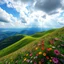 Placeholder: beautiful Green hills covered with flowers colorfull ,blue sky heavy clouds with godray ,very nice flowers at closeup ,wonderfull mountains at distance