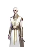 Placeholder: full length, tall 22-year old, shaved head, grey-eyed female human cleric with a beaded necklace wearing scale mail