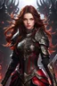 Placeholder: full body picture of a young woman with long brown hair, fantasy, dark, wearing black and red leather fantasy armor, evil, red eyes, smirk, confident, arrogant, anime, high resolution, hi res, detailed, intricate, fighting, warrior, detailed background, 8k resolution