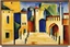 Placeholder: an open gothic_Arab gate in a blue-tiled wall with a view of an old city by artist "August Macke",by artist "Franz Marc"