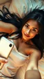 Placeholder: A beautiful 25-year-old woman lying on a bed, taking a selfie from above with her phone. She has long black hair spread naturally over the pillow, wearing a cozy and cute pajama top. Her expression is relaxed and confident, with soft natural makeup and clear skin. The lighting is warm and gentle, creating a calm and intimate mood. The scene feels authentic and casual, like a real selfie moment. Focus on facial beauty, realistic textures, soft shadows, and natural skin tones. Slightly blurred bac