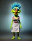 Placeholder: hybrid character, waitress britisn woman with monster muppet mask that covers her entire head, yellow pop, short shirt, old school tattoo, retro style, Sesame Street style, neon, smooth, unreal engine 5, god lights, ray tracing, RTX, lumen lighting, ultra detail, volumetric lighting, 3d.